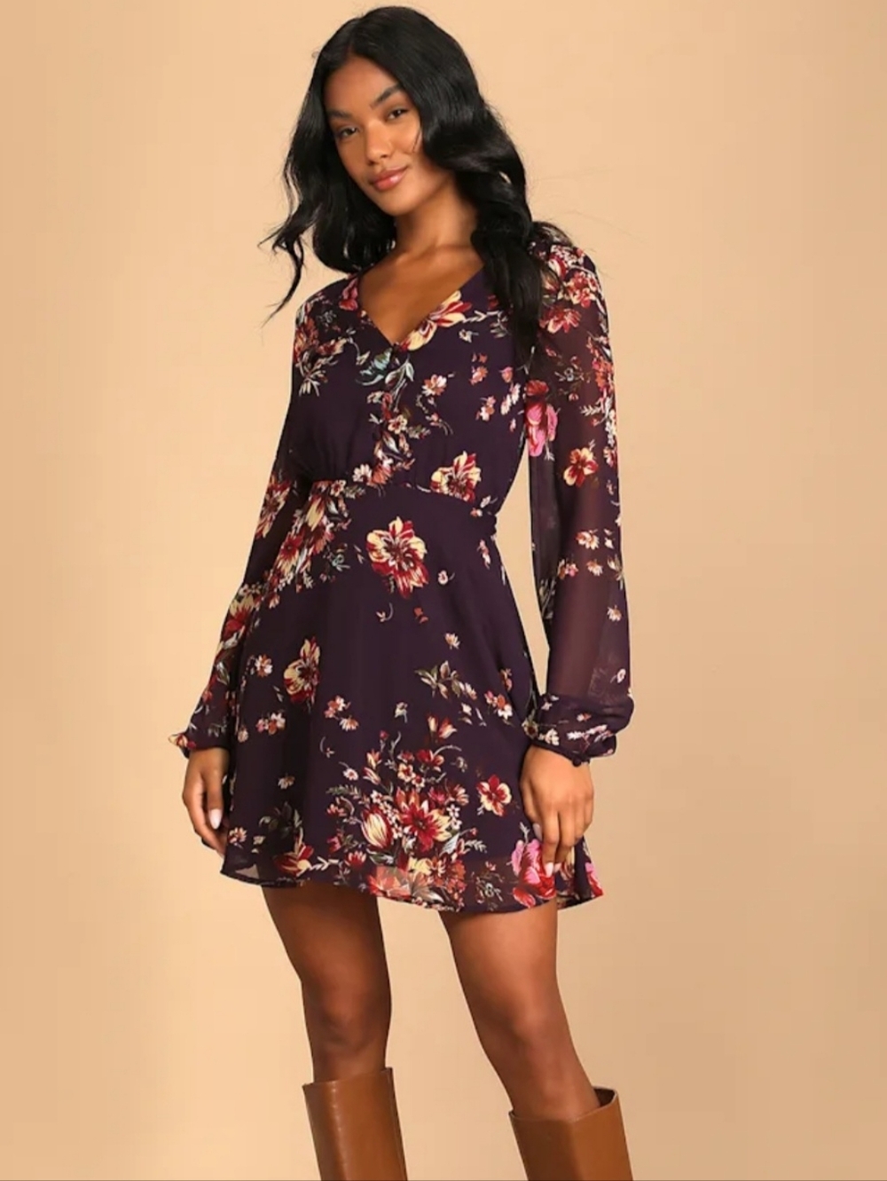 Lulus Always Yours Plum Purple Floral Print Long Sleeve Skater Dress Size M